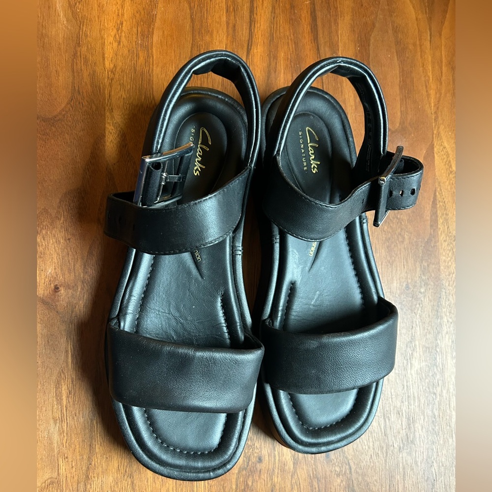 Clarks Black Leather Strap Sandals